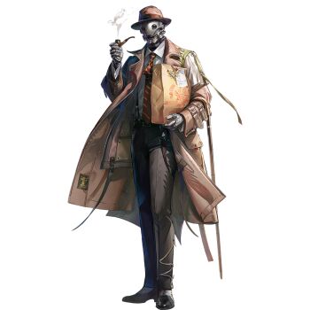 1boy arknights bag brown_coat brown_hat brown_pants brown_theme coat diagonal-striped_clothes diagonal-striped_necktie facial_hair floating_clothes formal_clothes full_body hat holding holding_smoking_pipe male_focus mustache necktie official_art pants paper_bag red_necktie robot shutun simple_background single_suspender_hanging smoking_pipe solo standing striped_clothes suspender_pants suspenders tachi-e third-party_source tin_man_(arknights) transparent_background trench_coat