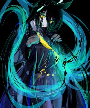 1girl absurdres ahoge animal_ears black_coat black_hair black_pantyhose black_skirt coat collared_shirt colored_sclera ear_tag earrings hair_between_eyes highres horse_ears horse_girl horse_tail jewelry long_bangs long_hair long_hair_between_eyes long_sleeves looking_at_viewer manhattan_cafe_(creeping_black)_(umamusume) manhattan_cafe_(umamusume) multicolored_hair necktie pantyhose shirt single_earring skirt solo tail torada_tetora umamusume very_long_hair white_hair yellow_eyes yellow_necktie yellow_sclera