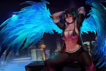1girl abs arms_up belt black_hair black_jacket blue_eyes blue_wings body_markings breasts cityscape cleavage collarbone covered_erect_nipples dark glaring glowing_veins highres jacket long_bangs looking_at_viewer moon multicolored_jacket muscular muscular_female nextoad night night_sky noel_(tracedrenon) original ponytail red_jacket shiny_skin signature skindentation sky sleeves_rolled_up solo spirit squatting toned toned_female two-tone_jacket wings