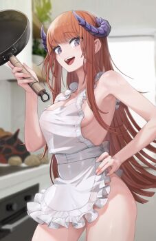 1girl :d absurdres apron arknights bagpipe_(arknights) bite_mark blurry blurry_background breasts cleavage commentary cowboy_shot frilled_apron frills frying_pan highres holding holding_frying_pan horns indoors large_breasts long_hair looking_at_viewer mildt naked_apron open_mouth orange_hair originium_slug_(arknights) potato purple_eyes smile solo standing thighs very_long_hair white_apron