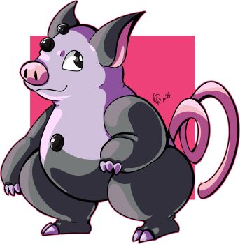 Rule 34 | black eyes, dated, destinywebgio, full body, gen 3 pokemon, grumpig, highres, looking at viewer, nintendo, pig, pink background, pokemon, pokemon (creature), simple background, smile, standing, tail