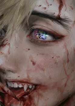 1boy absurdres blonde_hair blood blood_drip blood_from_mouth blood_on_face blood_on_hands close-up commentary douma_(kimetsu_no_yaiba) eyelashes eyeshadow facing_viewer fangs fingernails gums hatena_(nazequestion) highres kimetsu_no_yaiba makeup multicolored_eyes open_mouth rainbow_eyes red_eyeshadow sharp_fingernails smile solo symbol-only_commentary symbol-shaped_pupils teeth tongue tongue_out