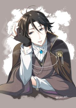 Rule 34 | 1boy, akutagawa ryuunosuke (bungou to alchemist), antenna hair, ascot, black gloves, black hair, blue eyes, brooch, brown cape, brown kimono, bungou to alchemist, buttoned cuffs, buttons, cape, cigarette, cropped torso, elbow rest, fingerless gloves, gears, gloves, grey background, hair between eyes, holding, holding cigarette, ichii (ichii 00), japanese clothes, jewelry, kimono, lapel pin, long sleeves, looking at viewer, male focus, open mouth, shirt, smoke, solo, splatter background, sweater guard, white ascot, white shirt