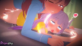 1futa 1girl ^^^ ahegao artist_name blue_eyes blue_shirt blurry blush bottomless breath brown_eyes clenched_hands clenched_teeth clothed_sex cum cum_overflow depth_of_field dragon_horns ejaculation futa_with_female futanari heart heart-shaped_pupils highres horns indoors kanna_kamui kobayashi-san_chi_no_maidragon kobayashi_(maidragon) loli long_hair on_bed one_eye_closed open_mouth penis prone_bone pronshy purple_hair red_hair rolling_eyes sex sex_from_behind shirt spoken_heart sunlight symbol-shaped_pupils teeth tongue tongue_out yellow_shirt