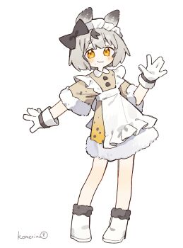 Rule 34 | 1girl, 1other, :3, absurdres, animal, animal ears, ankle boots, apron, artist name, black bow, blush, boots, bow, brown dress, closed mouth, collared dress, commentary request, contrast collar, creature and personification, dot nose, dress, flat chest, frilled apron, frills, full body, fur-trimmed boots, fur-trimmed dress, fur trim, gloves, gradient clothes, gradient dress, grey hair, hair between eyes, hair bow, hand up, headdress, highres, komerina, looking at viewer, maid, maid apron, maid headdress, medium hair, mole, mole under mouth, no pupils, orange dress, orange eyes, original, personification, round collar, sea slug, sea slug ears, sea slug girl, short dress, short sleeves, sidelocks, simple background, smile, standing, textless version, thick eyebrows, two-tone dress, waist apron, waving, white apron, white background, white boots, white gloves, white headdress