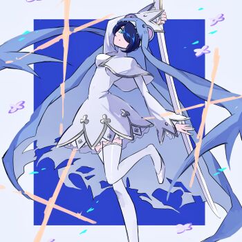 Rule 34 | 1girl, blue background, blue hair, border, digimon, digimon (creature), dress, glint, hair over one eye, highres, holding, holding sword, holding weapon, katana, nagoshi, nun, simple background, sistermon ciel, solo, sword, weapon, white border, white dress