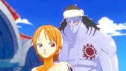 1boy 1girl 3d abs animated arlong arlong_park arm_support bent_over black_hair blue_eyes blue_skin blue_sky blurry blurry_background bouncing_breasts bracelet branded breasts brown_eyes cloud colored_skin convenient_arm convenient_censoring convenient_leg dutch_angle dv89 feet_out_of_frame fish_boy furrowed_brow grin hat hetero highres jewelry large_breasts legs_apart long_hair looking_back low_framerate matching_hair/eyes muscular muscular_male nami_(one_piece) nipples nude one_piece orange_hair outdoors parted_lips people rape sex sex_from_behind sharp_teeth size_difference sky smile standing tareme tattoo teeth usopp vaginal video