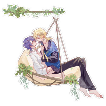 Rule 34 | 2boys, adam's apple, aventurine (honkai: star rail), barefoot, black pants, blonde hair, blue hair, blue shirt, bottomless, closed mouth, clothes grab, collared shirt, commentary, crossed ankles, dr. ratio (honkai: star rail), eye contact, hand on another's chest, hand on another's thigh, highres, honkai: star rail, honkai (series), laurels, layered sleeves, leaf, long sleeves, looking at another, male focus, medium hair, multiple boys, neck tattoo, necktie, necktie grab, neckwear grab, open collar, pants, plant, red eyes, shirt, short hair, short over long sleeves, short sleeves, simple background, sitting, sitting on lap, sitting on person, sleeve cuffs, smile, symbol-only commentary, tattoo, white background, white shirt, wing collar, xtsururux, yaoi, yellow necktie