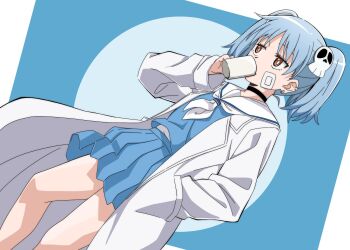 1girl assassin bandaid bandaid_on_cheek bandaid_on_face black_choker blue_hair blue_shirt blue_skirt brown_eyes choker coat cup drinking hair_ornament hand_in_pocket highres holding holding_cup hs69sy izutsumi_marin lab_coat ninja_to_koroshiya_no_futarigurashi pleated_skirt sailor_collar school_uniform serafuku shirt short_twintails simple_background skirt skull_hair_ornament twintails white_coat white_sailor_collar