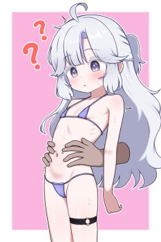 1girl ? absurdres bikini commentary_request disembodied_hand flat_chest highres korean_commentary loli long_hair navel original partial_commentary purple_eyes solo_focus swimsuit zing_(z_z_zing)