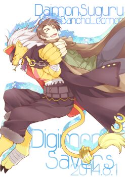 Rule 34 | bancholeomon, brown hair, cape, daimon suguru, digimon, digimon (creature), jewelry, ring, smile, tail