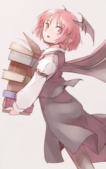 1girl alternate_hair_length alternate_hairstyle arm_belt black_pantyhose black_skirt black_vest book book_stack commentary_request demon_wings from_side head_wings holding holding_book koakuma light_blush long_sleeves looking_back necktie one-hour_drawing_challenge open_mouth pantyhose pink_background pointy_ears rangycrow red_eyes red_hair red_necktie shirt short_hair sideways_glance skirt solo touhou vest white_shirt wings