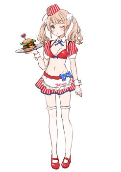 1girl alternate_costume apron bikini bikini_top_only blonde_hair breasts burger cleavage commentary_request detached_collar food full_body green_eyes hair_ornament hand_up hat highres holding holding_plate indie_virtual_youtuber long_hair looking_at_viewer medium_breasts miniskirt navel one_eye_closed parted_lips plate pleated_skirt pom_pom_(clothes) pom_pom_hair_ornament rariemonn red_bikini red_hat red_shoes red_shrug shigure_ui_(vtuber) shoes short_sleeves shrug_(clothing) simple_background skirt solo standing stomach striped_clothes striped_hat striped_skirt swimsuit twintails vertical-striped_clothes vertical-striped_skirt virtual_youtuber waist_apron white_background