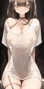 1girl black_collar black_garter_belt black_hair black_panties blunt_bangs breasts brown_eyes cleavage collar commentary_request cross cross_pasties garter_belt genek hair_between_eyes highres large_breasts medium_hair original panties pasties see-through_clothes see-through_shirt shirt sitting skindentation solo underwear white_shirt