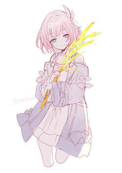Rule 34 | 1girl, asahikawa hiyori, bare shoulders, blue eyes, coat, commentary request, cropped legs, cyrene (aedes elysiae) (honkai: star rail), cyrene (honkai: star rail), dress, hair ornament, holding wheat, honkai: star rail, honkai (series), jewelry, looking at viewer, necklace, pink hair, purple coat, short hair, simple background, solo, white background, white dress