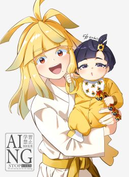 Rule 34 | 1boy, 1girl, :d, :o, absurdres, aged down, baby, belt, bib, blonde hair, blush, brother and sister, carrying, carrying baby, carrying person, child carry, commentary request, dougi, drooling, eyelashes, grabbing another's hair, gwynn (pokemon), hair ornament, hairclip, highres, holding another's hair, ivor (pokemon), karate gi, long sleeves, looking at viewer, medium hair, mole, mole under mouth, mouth drool, nintendo, open mouth, pajamas, pokemon, pokemon legends: z-a, purple eyes, purple hair, red eyes, shiba (tonari no shiba inu), short hair, siblings, smile, twitter username, watermark, white background, yellow belt, yellow pajamas