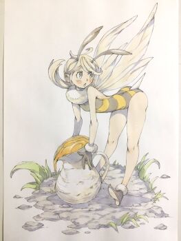 Rule 34 | 1girl, antennae, arthropod girl, ass, bee girl, bee wings, bent over, black eyes, blonde hair, brown gloves, brown shoes, commentary, full body, fur-trimmed gloves, fur-trimmed shoes, fur collar, fur trim, gloves, grass, highres, honey, insect girl, insect wings, leotard, looking back, medium hair, open mouth, original, peter salt, pitcher (container), shoes, solo, stinger, striped clothes, striped leotard, traditional media, wings, yellow leotard