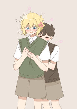 Rule 34 | 2boys, ?, absurdres, antenna hair, basil (faraway) (omori), basil (omori), black hair, black sweater vest, blonde hair, blue eyes, blush, brown background, brown shorts, closed eyes, collared shirt, commentary request, double-parted bangs, flower, flying sweatdrops, green sweater vest, hair between eyes, hair flower, hair ornament, highres, hug, hug from behind, male focus, multiple boys, omori, open mouth, shirt, short hair, short sleeves, shorts, sidelocks, simple background, smile, sunny (omori), sweatdrop, sweater vest, white shirt, yaoi, yuuabara