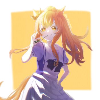 >:) 1girl alternate_hairstyle animal_ears backlighting bow bowtie closed_mouth commentary_request ear_bow ear_ornament glowing hand_on_own_hip high_ponytail holding horse_ears horse_girl horse_tail kadokura_(sushiu_max) long_hair long_sidelocks looking_at_viewer mayano_top_gun_(umamusume) mouth_hold orange_eyes orange_hair pleated_skirt ponytail purple_shirt sailor_collar school_uniform shirt shirt_tucked_in short_sleeves sidelocks skirt smile solo stalk_in_mouth standing summer_uniform tail tracen_school_uniform twitter_username two-tone_background umamusume upper_body v-shaped_eyebrows white_skirt