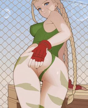 1girl absurdres animated animated_gif anus anus_peek ass blonde_hair blue_eyes bodypaint braid braided_ponytail breasts cammy_white come_hither facial_scar female_focus fence fingerless_gloves gloves grabbing_own_ass hand_on_own_ass highres huge_ass leotard looking_at_viewer scar scar_on_cheek scar_on_face sideboob solo solo_focus spread_ass street_fighter teemu_taiga thick_thighs thigh_gap thighs