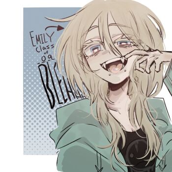 1girl arrow_(symbol) black_shirt blonde_hair blue_eyes border character_name class_of_09 colored_eyelashes commentary copyright_name emily_(class_of_09) emo_fashion english_commentary english_text fangs green_hoodie hood hood_down hoodie long_hair long_sleeves looking_at_viewer messy_hair moonmpballz open_mouth pill print_shirt scene_cut shirt simple_background snakebite_(piercing) solo square_eyes tongue upper_body white_border