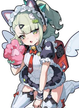 Rule 34 | 1girl, animal ears, apron, backpack, bag, black dress, blush, cat ears, cat paw, corrupted twitter file, dress, fake animal ears, fang, green eyes, green nails, highres, leg warmers, maid, maid apron, medium hair, official alternate costume, open mouth, ponytail, randoseru, red bag, skin fang, solo, sunna (afternoon tea break) (zenless zone zero), sunna (zenless zone zero), thighhighs, tupikeee, white apron, white leg warmers, white thighhighs, zenless zone zero