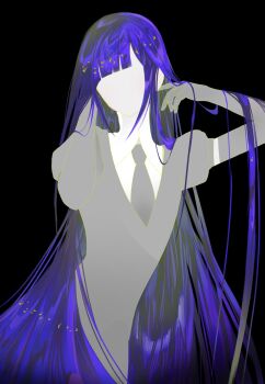 1other arm_behind_head blue_hair cynybwb gem_uniform_(houseki_no_kuni) hand_in_own_hair hashtag-only_commentary highres houseki_no_kuni lapis_lazuli_(houseki_no_kuni) long_hair outline puffy_short_sleeves puffy_sleeves short_sleeves solo very_long_hair yellow_outline