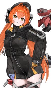 1girl absurdres asymmetrical_gloves beret black_dress black_hat breasts commentary cowboy_shot dress gloves hair_between_eyes hat highres hood hood_down hooded_dress horns korean_commentary long_hair long_pointy_ears long_sleeves looking_at_viewer magus_(zenless_zone_zero) mechanical_horns medium_breasts mismatched_gloves orange_hair orphie_magnusson parted_lips pointy_ears red_gloves red_pupils seueo thighs very_long_hair yellow_eyes yellow_gloves zenless_zone_zero
