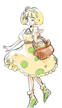 Rule 34 | 1girl, ;d, ahoge, alternate costume, basket, blonde hair, blue eyes, commentary request, dress, eyelashes, gen 3 pokemon, green shoes, greta (pokemon), hairband, hand up, happy, highres, nintendo, one eye closed, open mouth, pokemon, pokemon (creature), pokemon emerald, pokemon rse, shoes, short hair, short sleeves, shroomish, simple background, smile, socks, u4 99384295, white background, yellow dress, yellow socks