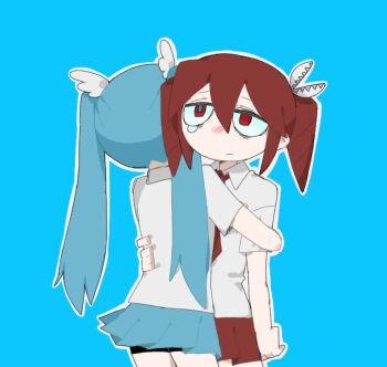 2girls 4my_princess aqua_hair aqua_skirt bags_under_eyes baumkuchen_endroll_(vocaloid) bike_shorts blue_background blush closed_mouth collared_shirt commentary_request cowboy_shot drill_hair hair_ornament hatsune_miku hug kasane_teto korean_commentary long_hair multiple_girls necktie nose_blush outline red_eyes red_hair red_necktie shirt short_hair short_sleeves sidelocks simple_background skirt standing synthesizer_v tearing_up twin_drills twintails utau vocaloid white_outline white_shirt