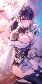 1girl armor black_panties black_thighhighs blue_pupils blue_sky blunt_bangs blurry blurry_background blush braid branch breasts bridal_gauntlets cherry_blossoms cleavage closed_mouth clothing_cutout collarbone embarrassed fan_hair_ornament flower from_above from_side fu_oekakiman genshin_impact hair_flower hair_ornament highres huge_breasts in_tree japanese_clothes kimono light_rays long_braid long_hair long_sleeves looking_at_viewer looking_to_the_side mitsudomoe_(shape) mole mole_under_eye neck_ribbon off_shoulder panties pink_lips purple_eyes purple_flower purple_kimono raiden_shogun rainbow red_ribbon red_sash ribbon sash shoulder_armor shoulder_cutout single_braid sitting sitting_in_tree sky solo sunbeam sunlight thick_thighs thighhighs thighs tomoe_(symbol) tree underwear wide_sleeves