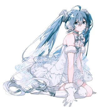 1girl ahoge asymmetrical_legwear ballerina bare_shoulders blue_eyes blue_hair dress gloves gramophone_miku gramophone_miku_(frostflower) hair_between_eyes hair_ornament hatsune_miku highres long_hair migolu miku_symphony_(vocaloid) official_alternate_costume official_alternate_hairstyle simple_background single_thighhigh sitting solo strapless strapless_dress thighhighs tutu twintails very_long_hair vocaloid wariza white_background white_dress white_gloves white_thighhighs