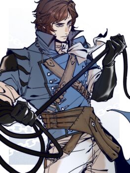Rule 34 | 1boy, belt, black gloves, blue coat, blue eyes, brown belt, brown hair, buttons, castlevania: dracula x chronicles, castlevania (series), coat, cowboy shot, gloves, highres, holding, holding whip, kelland1986, multiple belts, pants, richter belmont, short hair, tailcoat, whip, white pants
