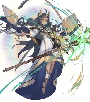 1girl attack black_eyes crown dark-skinned_female dark_skin fire_emblem fire_emblem_heroes floating gold_trim highres holding holding_staff long_hair nintendo non-web_source robe shaded_face solo staff vanitas_(fire_emblem) very_long_hair white_robe