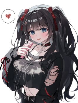 1girl absurdres belt black_belt black_hair black_shirt blue_eyes bra_strap breasts cellphone chain choker closed_mouth commentary_request crop_top crop_top_overhang cropped_shirt cross-laced_clothes cross-laced_sleeves frilled_choker frills hair_ornament hair_ribbon hairclip hand_up heart heart_o-ring highres holding holding_phone korean_commentary large_breasts long_hair long_sleeves looking_at_viewer midriff navel o-ring o-ring_choker off-shoulder_shirt off_shoulder phone poti4028 print_shirt red_choker red_ribbon ribbon shirayuki_hina shirt simple_background single_off_shoulder smartphone solo speech_bubble spoken_heart stellive tongue tongue_out torn_clothes torn_shirt two_side_up upper_body virtual_youtuber white_background x_hair_ornament