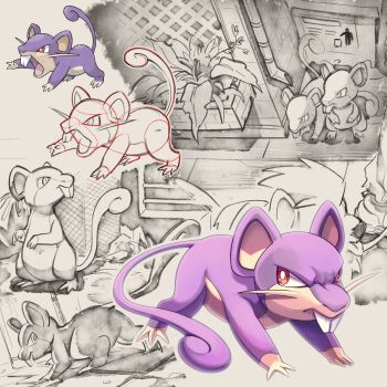 animal_ears buck_teeth colored_skin commentary_request gen_1_pokemon highres mouse_(animal) mouse_ears multicolored_skin nintendo no_humans plant pokemon pokemon_(creature) pokemon_frlg potted_plant purple_skin rattata red_eyes shoupitsuki snout standing tail teeth two-tone_skin