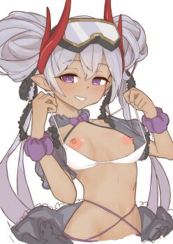 Rule 34 | 1girl, bikini, blush, bow, bowtie, commentary request, cropped torso, detached sleeves, dokka no dareka, double bun, flat chest, goggles, goggles on head, grey hair, hair bun, highres, horns, looking at viewer, nipples, open clothes, pointy ears, purple bow, purple eyes, puzzle &amp; dragons, red horns, scrunchie, short sleeves, smirk, solo, stomach, swimsuit, undressing, untied bikini top, upper body, veroah (p&amp;d), white background, white bikini, wrist scrunchie