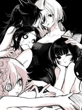 5girls black_background black_hair black_tank_top breasts chainsaw_man cigarette cosmo_(chainsaw_man) demon_horns eyepatch hand_on_another&#039;s_head harem heart heart-shaped_pupils highres horns long_(chainsaw_man) long_hair medium_breasts mizu1202001 multiple_girls one_eye_closed parted_lips pingtsi_(chainsaw_man) pink_hair quanxi_(chainsaw_man) scar scar_on_face simple_background smile sweatdrop symbol-shaped_pupils tank_top tongue tongue_out tsugihagi_(chainsaw_man) white_hair yuri