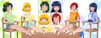 4girls ahoge aoki_reika barefoot blue_dress blue_hair blue_jacket blue_shorts blunt_bangs blunt_ends breasts brown_shorts camisole chair closed_eyes coffee_table collarbone commentary commission d: dress english_commentary facing_ahead feathers feet feet_on_table foot_focus frilled_shirt frilled_shorts frilled_sleeves frills full_body furrowed_brow gradient_background green_hair green_shirt hair_ornament hair_ribbon hairband hairclip heart heart_background highres hime_cut hino_akane_(smile_precure!) jacket kise_yayoi laughing long_hair long_sleeves midorikawa_nao mixed-language_commentary multiple_girls open_clothes open_jacket open_mouth orange_shirt orange_tank_top orcaleon outstretched_legs ponytail precure puffy_short_sleeves puffy_sleeves red_hair ribbon shirt short_hair short_ponytail short_sleeves shorts small_breasts smile smile_precure! soles table tank_top tearing_up teeth tickling tickling_feet toes upper_teeth_only v-neck white_background white_feathers white_hairband white_shirt x_hair_ornament yellow_camisole yellow_ribbon