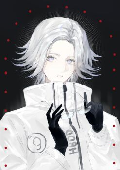 Rule 34 | 1boy, absurdres, acaleph, aotsuki eito, black background, black gloves, blue eyes, chinese commentary, commentary request, drawstring, eyelashes, glasses, gloves, high collar, highres, holding, holding removed eyewear, jacket, long sleeves, male focus, short hair, solo, the hundred line -last defense academy-, unworn eyewear, upper body, variant set, white hair, white jacket, zipper pull tab