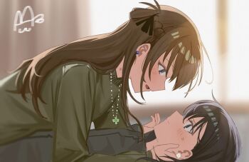 2girls absurdres black_hair blush braid brown_hair chinese_commentary commentary_request earrings eye_contact green_sweater haidao_mao half_up_braid hickey highres jewelry long_hair long_sleeves looking_at_another miyagi_shiori multiple_girls necklace open_mouth purple_eyes sendai_hazuki short_hair shuuniichido_classmate_wo_kau_hanashi sweater yuri