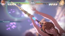 2girls 3d animated aqua_eyes beatrix_(granblue_fantasy) blonde_hair breasts brown_hair fighting granblue_fantasy granblue_fantasy_versus:_rising green_eyes highres multiple_girls nipples nude nude_filter nude_mod outdoors polearm ponytail sound spear sword tagme third-party_edit twintails video weapon zeta_(granblue_fantasy)