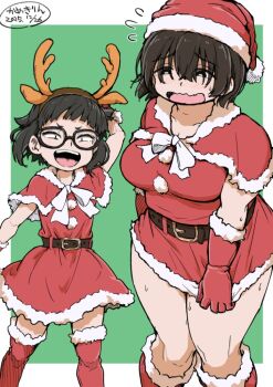 2girls antlers black_hair brown_hair camekirin capelet christmas commentary_request glasses green_background hair_between_eyes height_difference horns inoue_kiiko jimiko medium_hair multiple_girls original red_capelet reindeer_antlers santa_costume simple_background size_difference thick_thighs thighs uchida_fuuka