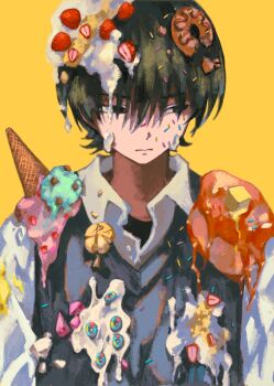 Rule 34 | 1boy, absurdres, black eyes, black hair, black vest, closed mouth, collared shirt, covered in food, donut, extraspiky, facing viewer, food, food on head, fruit, hair between eyes, highres, ice cream, ice cream cone, long sleeves, looking away, looking to the side, melting, melting ice cream, object on head, shirt, short hair, solo, strawberry, upper body, vest, white shirt