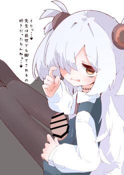 1boy 1girl absurdres bar_censor black_pantyhose blue_archive brown_eyes censored commentary_request dress grey_dress hair_over_one_eye hetero highres kanoe_(blue_archive) loli long_hair long_sleeves looking_at_viewer open_mouth pantyhose penis pinafore_dress puffy_long_sleeves puffy_sleeves rano_u_rabe scar scar_on_neck shirt sitting sleeveless sleeveless_dress solo_focus thigh_sex translation_request two_side_up white_hair white_shirt