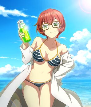 1girl :3 bare_shoulders beach bikini blue_bikini blue_sky bob_cut bottle breasts brown-framed_eyewear chemicals closed_mouth cloud coat collarbone contrapposto cowboy_shot day game_cg glasses green_eyes hand_on_own_hip holding holding_bottle horizon lab_coat large_breasts leaning_forward lens_flare looking_at_viewer navel ocean off_shoulder official_art open_clothes open_coat outdoors red_hair short_hair sky smile solo striped_bikini striped_clothes sun swimsuit third-party_source toji_no_miko toji_no_miko:_kizamishi_issen_no_tomoshibi watanabe_emily white_coat