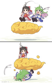 2girls ascot bow colored_inner_hair commentary_request detached_sleeves dragon_ball failure falling flying_nimbus frilled_bow frilled_hair_tubes frills frog frog_hair_ornament gohei green_eyes green_hair hair_bow hair_ornament hair_tubes hakurei_reimu highres holding holding_gohei kanpa_(campagne_9) kochiya_sanae long_hair midair multicolored_hair multiple_girls on_cloud open_mouth outstretched_arms red_bow red_skirt ribbon-trimmed_sleeves ribbon_trim single_hair_tube skirt skirt_set smile snake_hair_ornament touhou twitter_username yellow_ascot