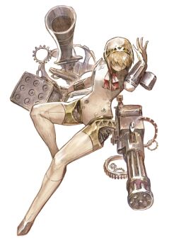 1girl absurdres aigis_(persona) android blonde_hair commentary covered_eyes full_body gun highres holding holding_weapon joints machine_gun persona persona_3 robot_joints short_hair simple_background solo subakeye weapon white_background