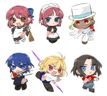 1boy 5girls :d ahoge apron arcueid_brunestud black_hair black_keys_(type-moon) blonde_hair blue_eyes blue_kimono blush boots broom brown_boots chibi chibi_only ciel_(tsukihime) commentary_request cross cross_necklace curtained_hair dark_skin fighting_stance formal_clothes gloves hat highres hisui_(tsukihime) holding holding_knife holding_weapon iasanimusayo jacket japanese_clothes jewelry kara_no_kyoukai kimono knife kohaku_(tsukihime) looking_at_viewer maid maid_apron maid_headdress miniskirt multiple_girls mystic_eyes_of_death_perception necklace nun open_hand open_mouth pantyhose pink_hair punching red_eyes red_gloves red_jacket reverse_grip ryougi_shiki siblings sisters skirt slashing smile suit sweater top_hat tsukihime tsukihime_(remake) tunic turtleneck turtleneck_sweater twins vampire van-fem weapon white_suit white_sweater wing_collar yellow_eyes