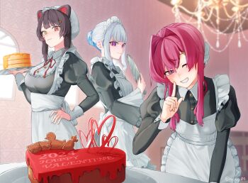 Rule 34 | 2024, 3girls, :3, alternate costume, ange katrina, animal ears, apron, banken (inui toko), bib collar, black dress, blue eyes, blue hair, blurry, blurry background, braid, breasts, brown hair, bun with braided base, cake, chandelier, closed mouth, commentary request, dog ears, dress, enmaided, food, food writing, frills, gradient eyes, grin, hair between eyes, hair bun, hair intakes, hair ornament, hand on own hip, hand up, happy valentine, hat, heart, heart-shaped cake, heart-shaped food, heterochromia, holding, holding food, holding tray, icing, index finger raised, indoors, inui toko, inui toko (western maid), juliet sleeves, large breasts, leaning forward, lize helesta, long sidelocks, long sleeves, looking at viewer, maid, maid apron, maid headdress, mandragora (ange katrina), mob cap, multicolored eyes, multicolored hair, multiple girls, neck ribbon, nijisanji, one eye closed, puffy sleeves, purple eyes, re:sty, red eyes, red hair, red ribbon, ribbon, sanbaka (nijisanji), sebastian piyodore, sidelocks, single hair bun, sleeve cuffs, small breasts, smile, tray, twitter username, two-tone hair, underbust, variant set, virtual youtuber, waist apron, white apron, white hair, white hat, white headdress, wide sleeves, window, yellow eyes
